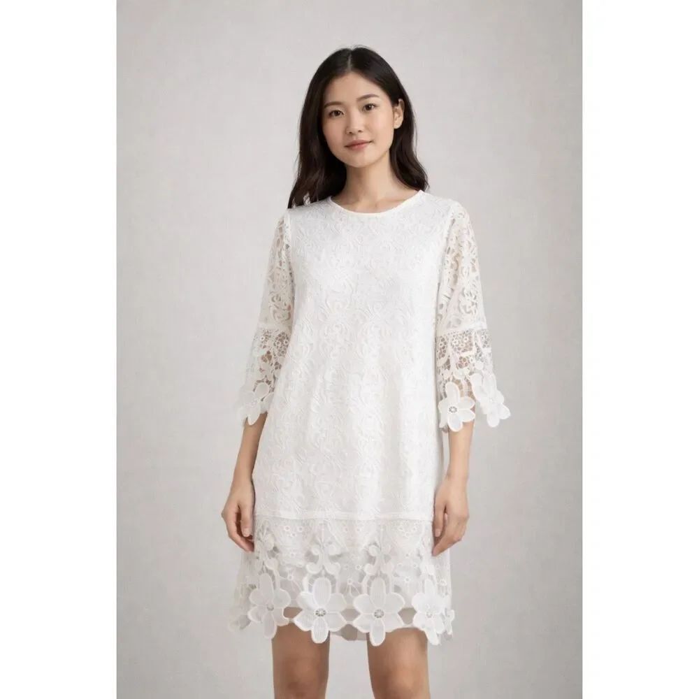 J. Lee White Lace Shift Dress Floral Hem 3/4 Sleeve Women’s Large NWT